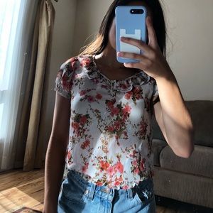 sheer floral top with ruffles